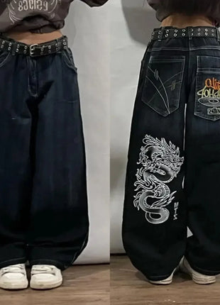 Jeans larghi ricamati modello Joker di tendenza della moda americana Donna Street Y2K Nuovi pantaloni a gamba larga oversize Hip Hop Jeans unisex
