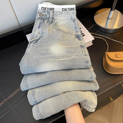 Jeans Vintage Americani Strappati e Patchwork per Donna, Blu Chiaro, Vita Alta, Gamba Larga, Pantaloni in Denim per Primavera e Autunno