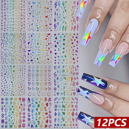 12Pcs 3D Rainbow Bowknot Star Geometry Lines Nail Stickers Love/Frame/Flower Self-Adhesive Nails Sliders 8*10cm Manicure Decals