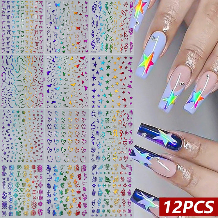 12Pcs 3D Rainbow Bowknot Star Geometry Lines Nail Stickers Love/Frame/Flower Self-Adhesive Nails Sliders 8*10cm Manicure Decals