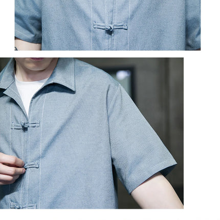 Camicie Estive da Uomo in Stile Cinese Retrò Tradizionale in Cotone e Lino Traspirante, Camicie Tang Suit, Bluse Casual da Uomo per Kung Fu e Tai Chi