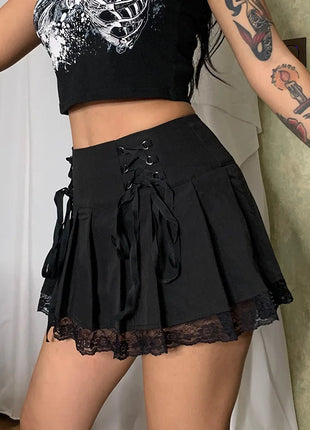 Gonna a pieghe retrò da ragazza con lacci a vita alta con cuciture a rete scozzese Orlo Y2K Minigonne nere gotiche estetiche aderenti