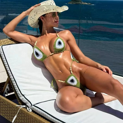 Bikini Sexy Intrecciato a Mano 2026 da Donna Verde Patchwork con Perline e Laccetti Micro Costume da Bagno Lavorato a Maglia per la Spiaggia platinumshop
