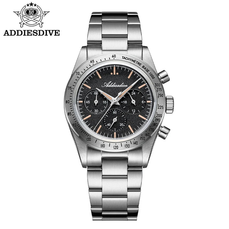 ADDIESDIVE Watch New 37mm Chronograph Men Quartz Wristwatch Domed Glass 316L Stainless Steel 100m Waterproof C3 Luminous AD2552