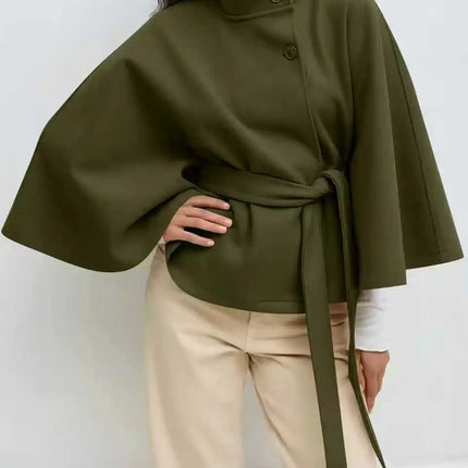 Autumn And Winter New Fashion Solid Color Cloak Stand-up Collar Button Belt Windbreaker Jacket Women's Temperament Commuting Top