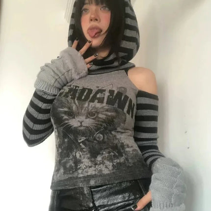 Japanese Gothic Vintage Punk Women Hoodie Striped Patchwork Cat Print Hollow Out Slim Long Sleeve Soft Pullovers 2025 Autumn New