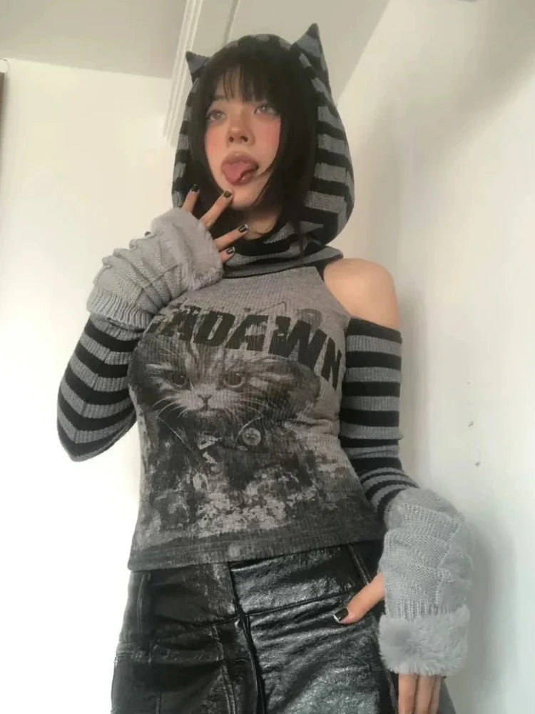 Japanese Gothic Vintage Punk Women Hoodie Striped Patchwork Cat Print Hollow Out Slim Long Sleeve Soft Pullovers 2025 Autumn New