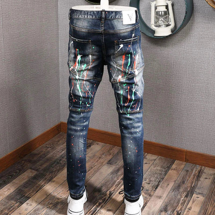 Fashion Streetwear Men Jeans Retro Black Blue Elastic Slim Fit Ripped Jeans Men Spliced Designer Embroidery Hip Hop Denim Pants PlatiNum