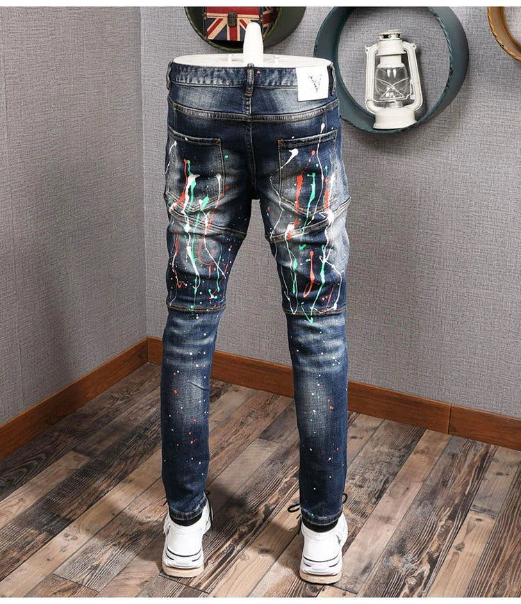 Fashion Streetwear Men Jeans Retro Black Blue Elastic Slim Fit Ripped Jeans Men Spliced Designer Embroidery Hip Hop Denim Pants PlatiNum