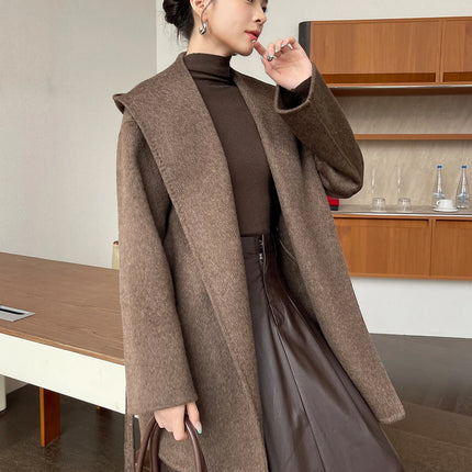 Brushed 100% Wool Coat Women Hooded Belted Wrap Coat Long-Pile Double-Faced Texture Unlined Relaxed Fit Short Coats Fall Winter