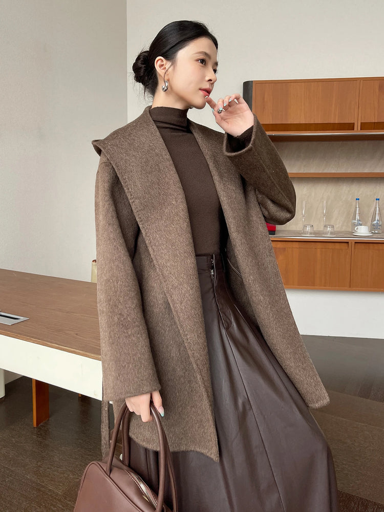 Brushed 100% Wool Coat Women Hooded Belted Wrap Coat Long-Pile Double-Faced Texture Unlined Relaxed Fit Short Coats Fall Winter