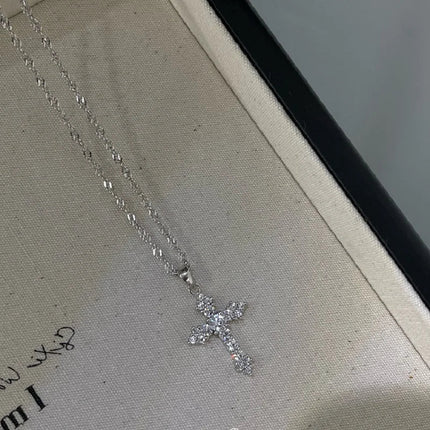 Shiny Crystal Zircon Cross Pendant Necklace for Women Girls Punk Silver Color Thin Chain Necklace Party Jewelry Birthday Gift PlatiNum