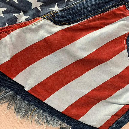 Shorts in denim da donna con stampa bandiera americana a stelle e strisce, finitura effetto invecchiato, Jean Shorts