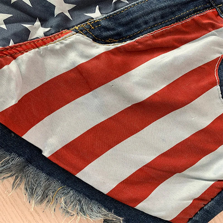 Shorts in denim da donna con stampa bandiera americana a stelle e strisce, finitura effetto invecchiato, Jean Shorts