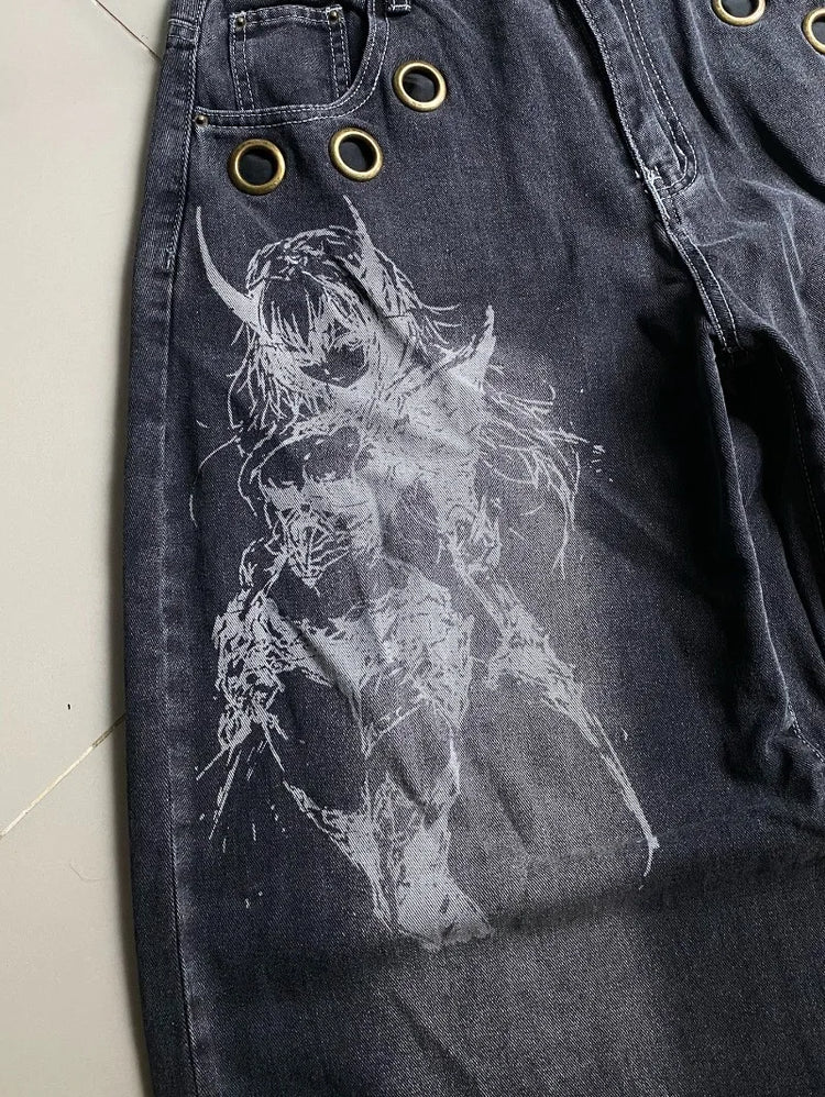American New Fashion modello oversize stampato jeans lavati uomo Y2K gotico rock popolare casual Joker pantaloni a gamba larga a vita alta