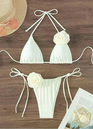 Bikini Sexy con Fiori 3D e Lacci Sulla Schiena, Costume da Bagno Femminile Due Pezzi, Set Bikini, Abbigliamento da Spiaggia, Taglie S-L PlatiNum