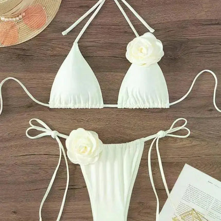 Bikini Sexy con Fiori 3D e Lacci Sulla Schiena, Costume da Bagno Femminile Due Pezzi, Set Bikini, Abbigliamento da Spiaggia, Taglie S-L PlatiNum