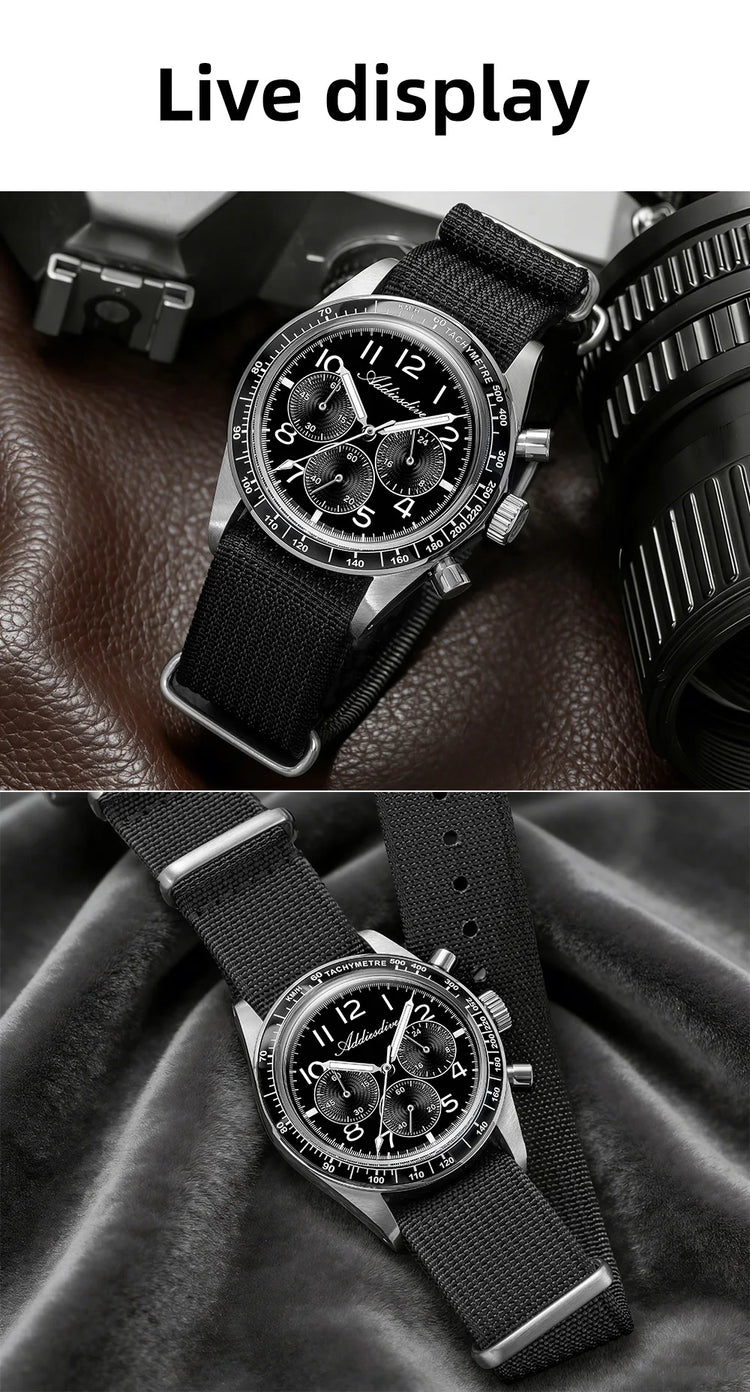 ADDIESDIVE Men's Chronograph Quartz Watch 37mm Bubble Glass 100m Waterproof Watches Ceramic Bezel BGW9 Luminous Sport Wristwatch