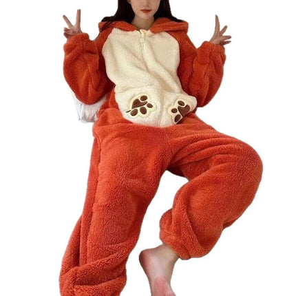 Cartoon Coral Fleece Lined Onesie Pajamas Women's Winter Home Clothes Comfortable Breathable Sleepwear Polyester Fiber