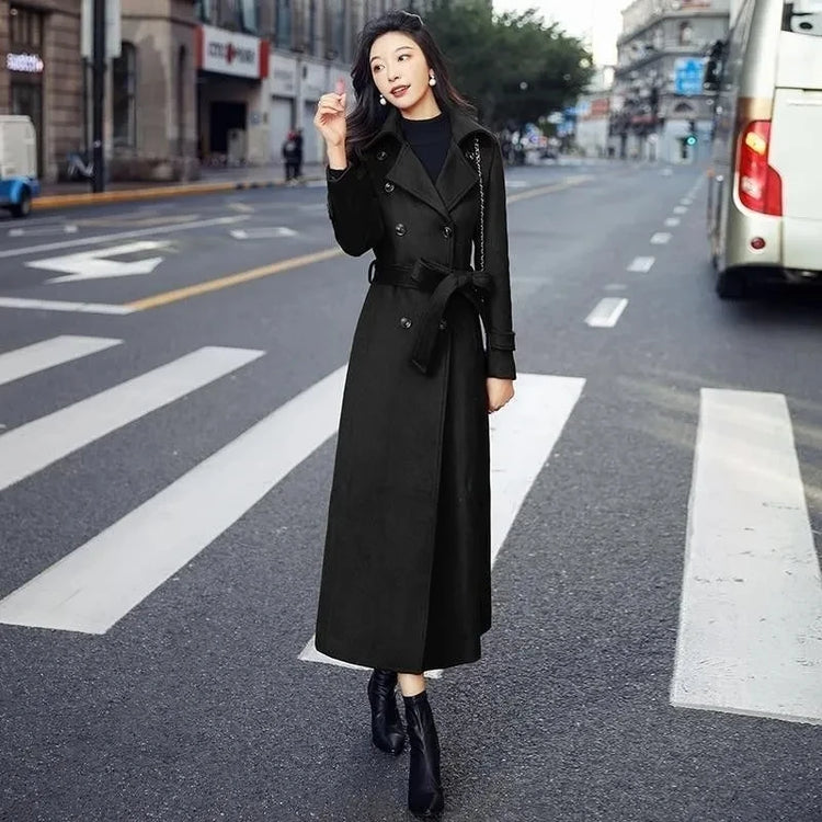 New Women's Spring Autumn Winter Woolen Coat Slim  Long Over The Knee Lining Woolen Windbreaker Outerwear Match Belt Female