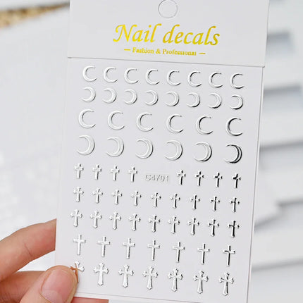 6Pcs/Set Metal Silver Star/Heart/Moon 3D Nail Art Stickers 8*10cm Hollow Love/Cross Self-Adhesive Slider Luxury Manicure Decals