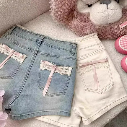 Lace Bow Denim Shorts Women's Summer New High Waisted Large Size Short Jeans Trend Raw Edge Spicy Girl High Street Hot Pant PlatiNum