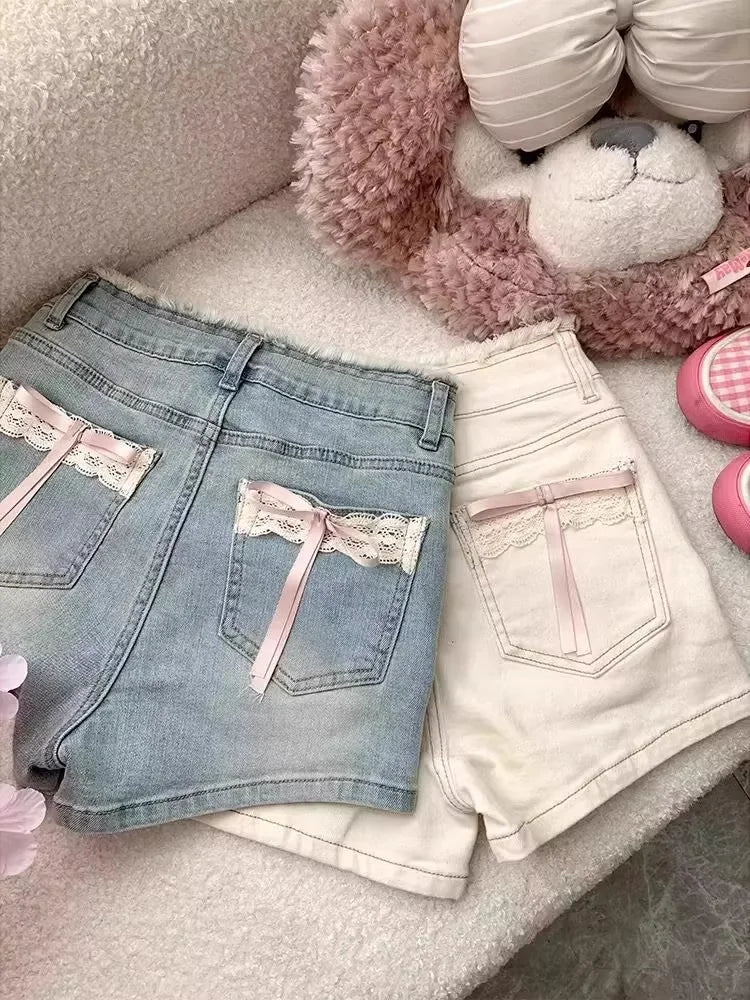 Lace Bow Denim Shorts Women's Summer New High Waisted Large Size Short Jeans Trend Raw Edge Spicy Girl High Street Hot Pant PlatiNum