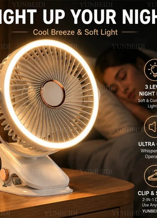 Ventilatore Portatile con Clip e Luci LED, 3 Velocità Regolabili, Silenzioso, da Scrivania, per Casa, Camera da Letto e Campeggio