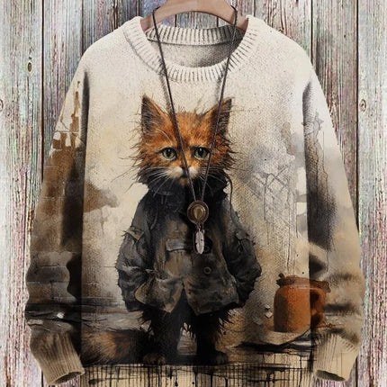 Cute Black Cat Graphic Retro Pattern 3D Printed Men's Knitted Pullover Winter Unisex Casual Warm Knit Pullover Sweater