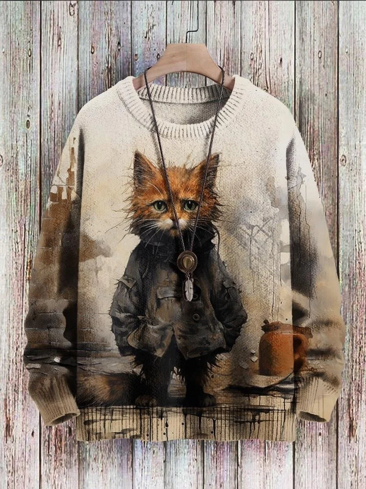 Cute Black Cat Graphic Retro Pattern 3D Printed Men's Knitted Pullover Winter Unisex Casual Warm Knit Pullover Sweater