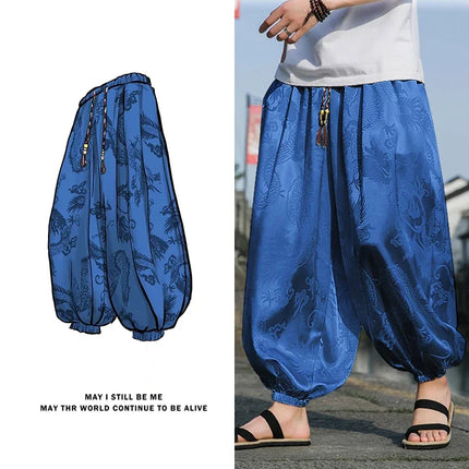 Vendite calde Pantaloni Da Uomo 2024 Nuovo Drago di Seta del Ghiaccio Fiore Scuro Bloomers Moda Allentata Gamba Larga Casual di Alta Qualità Pantaloni Maschili di Marca