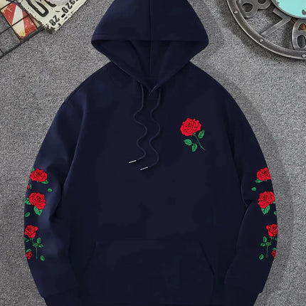Men Rose Print Pullover Hoodie Casual Long Sleeve Streetwear Hip‑Hop Hooded Sweatshirt For Autumn Winter Women Warm Fleece Tops
