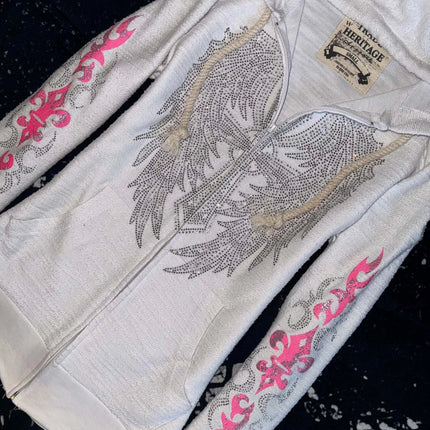 Y2K Vintage Rhinestone Hooded Jacket Women Silver Crystal Angel Wing Cross Zip Pink Flower Tribal Print Slim Fit Sweatshirt