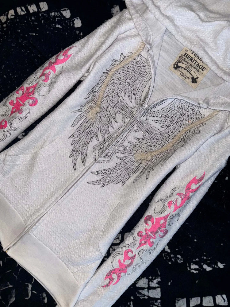 Y2K Vintage Rhinestone Hooded Jacket Women Silver Crystal Angel Wing Cross Zip Pink Flower Tribal Print Slim Fit Sweatshirt