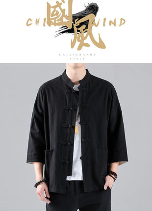 Camicie in Stile Cinese per Uomo, Top Tradizionale Tang in Lino a Mezza Manica, Camicia Kung Fu Hanfu Vintage Casual, Taglie Grandi fino a 5XL
