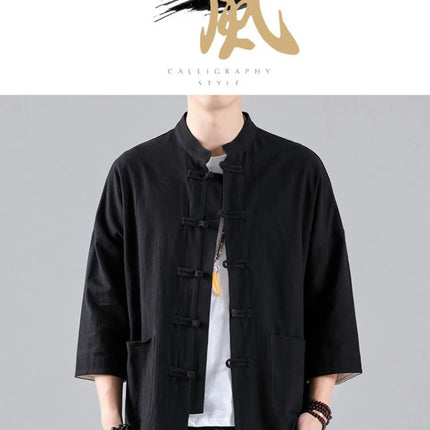 Camicie in Stile Cinese per Uomo, Top Tradizionale Tang in Lino a Mezza Manica, Camicia Kung Fu Hanfu Vintage Casual, Taglie Grandi fino a 5XL