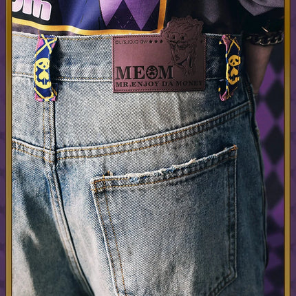 Jeans JoJo Anime con Pannelli Staccabili, Vita Alta, Gamba Larga, Stampa Denim, Viola e Oro, Patchwork, Taglio Dritto, per Uomo e Donna