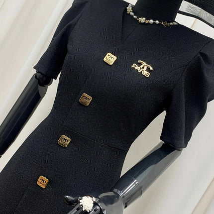 Women's Lautaro Spring-Summer Black Slim Elegant Dresses, V-Neck with Puff Short Sleeves and Buttons, Chic Luxury Designer Clothing