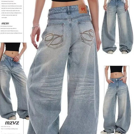 Jeans Casual Vintage Y2k con Ricami, Blu, Vita Alta, Gamba Larga, Stile Americano Retrò Anni '90