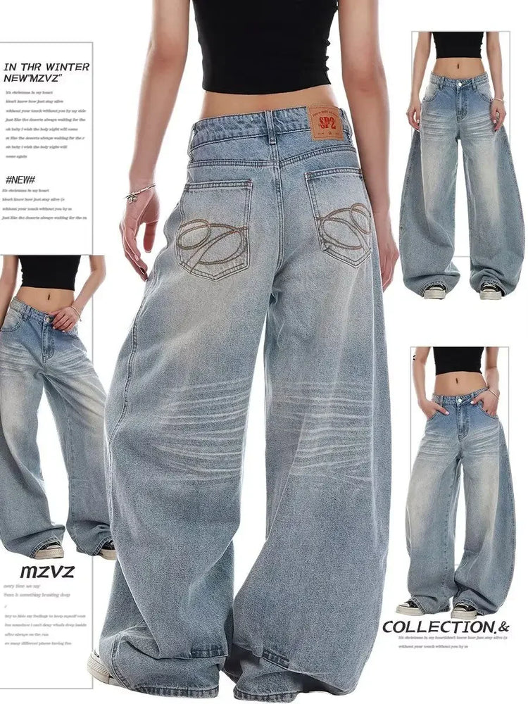 Jeans Casual Vintage Y2k con Ricami, Blu, Vita Alta, Gamba Larga, Stile Americano Retrò Anni '90
