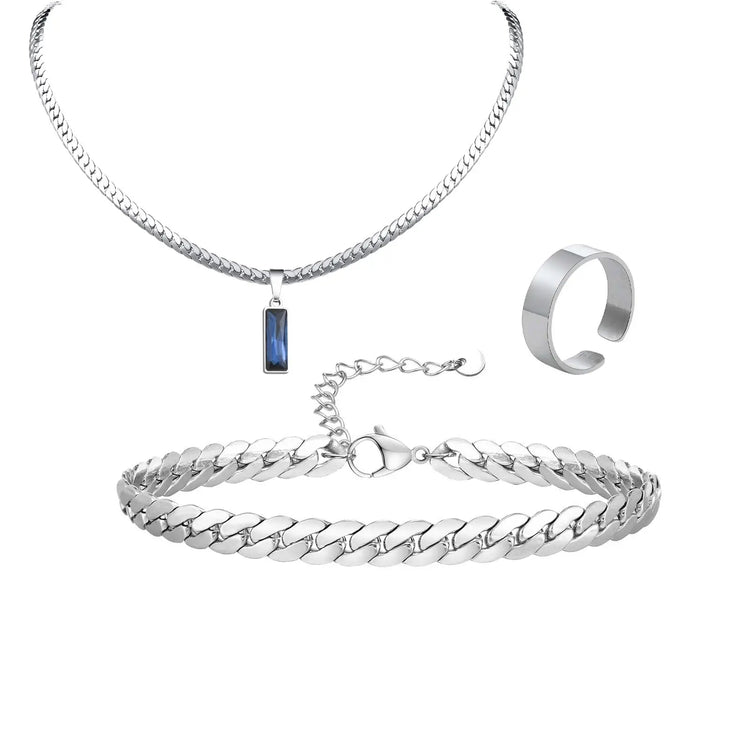 Elegante Set di Gioielli da Uomo con 3 Pezzi, Catena Cubana Piatta, Ciondolo Geometrico in Acciaio Inox con Pietra, Gioielli Hip Hop, Regalo per Lui platinumshop