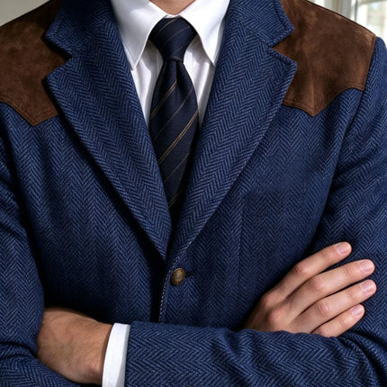 Herringbone Tweed Men's Blazer Jacket Wool Blend Suede Patch Shoulder Men's Sport Coat Business Casual Slim Fit For Oktoberfest