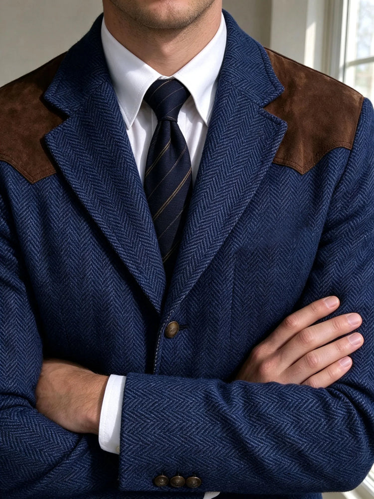 Herringbone Tweed Men's Blazer Jacket Wool Blend Suede Patch Shoulder Men's Sport Coat Business Casual Slim Fit For Oktoberfest