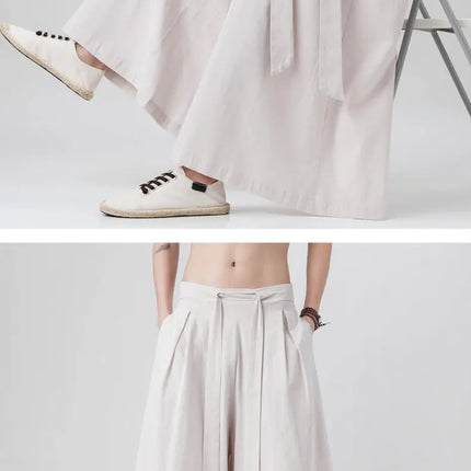 Pantaloni retrò in cotone e lino stile cinese Uomo Kimono estivo Pantaloni tradizionali in tinta unita Pantaloni casual a gamba larga streetwear maschile