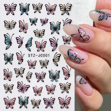 Glitter Butterfly Nail Stickers Decals Charm 3D Shiny Blue Pink Design Self Adhesive Sliders Nail Art Foils Manicure Decorations