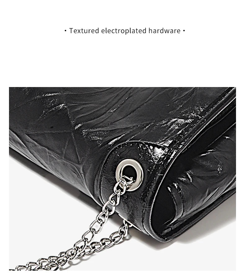 FOXER Women Genuine Leather + PU Shoulder Handbag Classic Fashion Black Tote Chain Bag