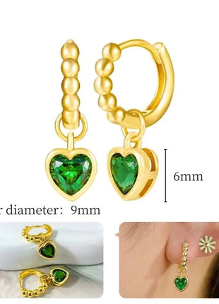 925 Sterling Silver Needle Green Zircon Gold Earrings Heart Hoop Earrings for Women Delicate Stud Earrings Luxury Jewelry Gifts PlatiNum