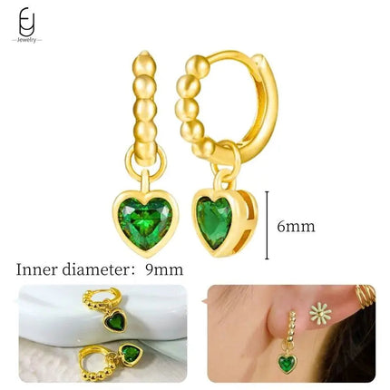 925 Sterling Silver Needle Green Zircon Gold Earrings Heart Hoop Earrings for Women Delicate Stud Earrings Luxury Jewelry Gifts PlatiNum
