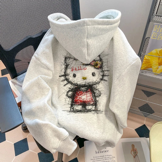 MINISO Hello Kitty Hoodies Lovely Vintage Sweatshirts Hoodie Amusing Men Women Tops Outerwears Blouse Cool Streetwear