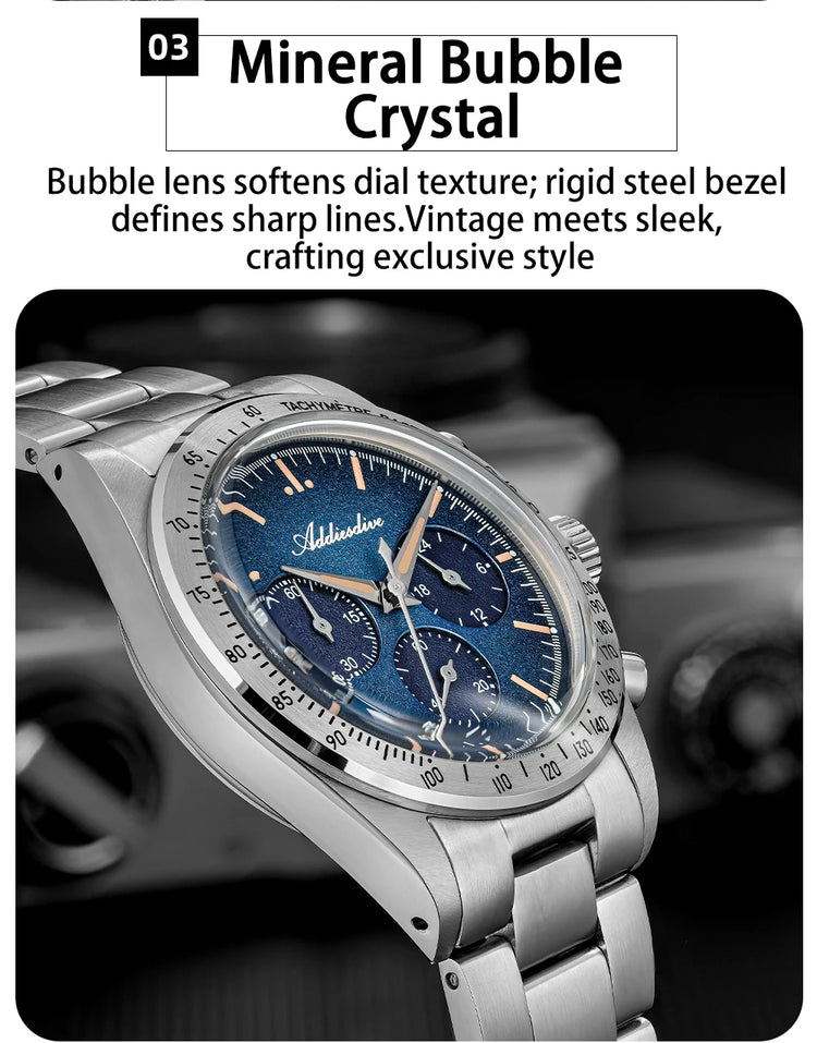 ADDIESDIVE Watch New 37mm Chronograph Men Quartz Wristwatch Domed Glass 316L Stainless Steel 100m Waterproof C3 Luminous AD2552